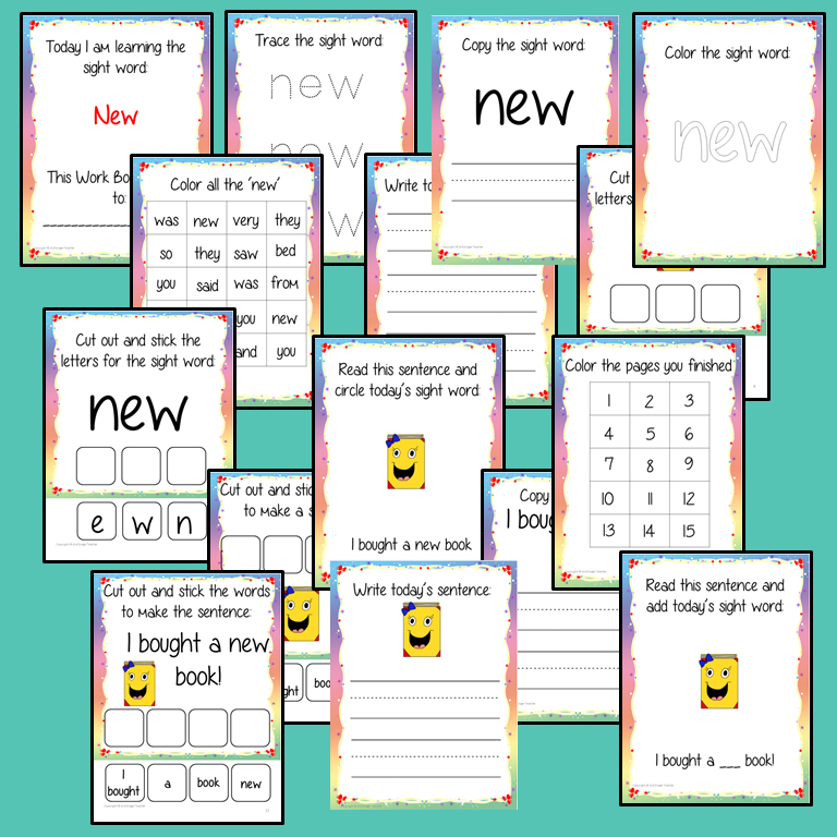 Sight Word ‘New’ 15 Page Workbook Help your children practice their sight words with 15 pages of activities to spell and use the sight word ‘New’ in sentences.     The 15 pages contain, handwriting practice, tracing and spelling the word and sentence reading and construction.