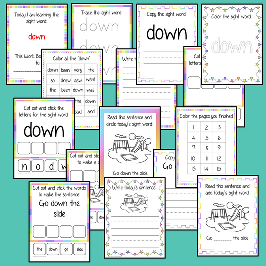 Sight word ‘down’ 15 page workbook. Contains pages to learn the fry sight word ‘down’, for learning the high frequency words. Contains handwriting practice, word practice, spelling and use in sentences. #sightwords # frywords #highfrequencywords