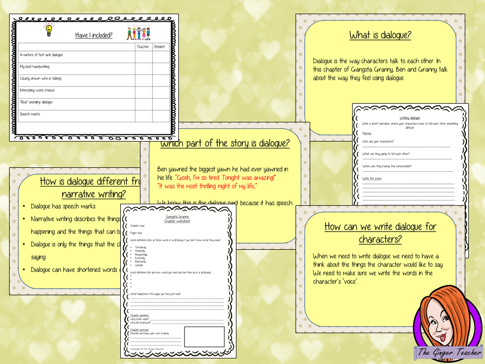 Complete, narrative writing lesson on the 31st chapter of Gangsta Granny by David Walliams. The lesson focuses on how write dialogues into texts, children will read and discuss the chapter. There is a detailed PowerPoint to ensure children’s understanding of dialogue. The class will write a text then the children plan and write their own using the writing frame and success criteria to allow for confidence writing independently. #lessonplans #bookstudy #teachingideas #readingactivities