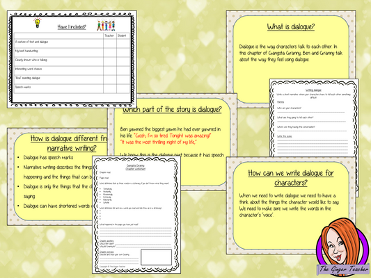 Complete, narrative writing lesson on the 31st chapter of Gangsta Granny by David Walliams. The lesson focuses on how write dialogues into texts, children will read and discuss the chapter. There is a detailed PowerPoint to ensure children’s understanding of dialogue. The class will write a text then the children plan and write their own using the writing frame and success criteria to allow for confidence writing independently. #lessonplans #bookstudy #teachingideas #readingactivities