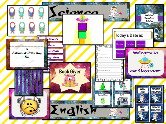 Complete Outer Space Themed Classroom Bundle This download includes more than 140 printables for a fun space themed classroom. These are great for kids and teachers. This download includes: - Banners - Labels - Timetables - Calendars - Lanyards - Lettering - Signs  - And much more!  #backtoschool #classroomthemes #teachingideas #Outerspaceclassroom