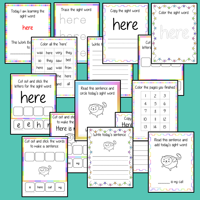 Sight word ‘here’ 15 page workbook. Contains pages to learn the fry sight word ‘here’, for learning the high frequency words. Contains handwriting practice, word practice, spelling and use in sentences. #sightwords # frywords #highfrequencywords