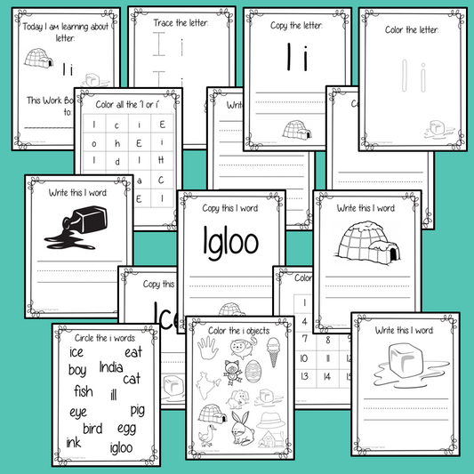 Alphabet Book Letter I    Help your children practice recognizing and using I, with 15 pages of activities.     The 15 pages contain, copying, tracing, writing, coloring, reading and spotting the letter and sound I      