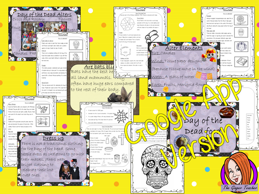 Distance Learning Day of the Dead - Dia de Los Muertos Google Slides Lesson  These resources teach children about the festival of Dia de los Muertos in one complete lesson.  Learn all about Day of the Dead History.  There is a detailed 45 slide presentation on the celebrations of The Day of the Dead festival, fun traditional facts, and details about how it is celebrated, information about the food that is made and eaten, Dia de Los Muertos traditions and a look at the different parts of an altar. There are 