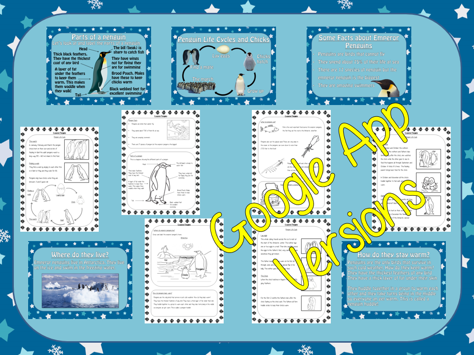 Distance Learning Emperor Penguins Google Slides Lesson  This lesson includes a detailed 30 slide presentation and penguin Google Slides worksheets explaining all about Emperor penguins. It covers the important parts of the penguins’ body; what they eat; where they live; how they keep warm and explains the penguin life cycle.   This is the Google Slides version of this lesson!  This download includes: - Complete 30 slide Presentation  - Three versions of a the 6 page differentiated penguin worksheets  - Ans