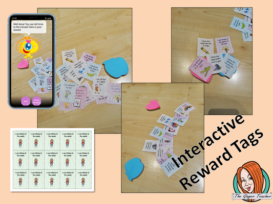 Interactive telling time Reward Tags (brag tags) Give you class something to brag about! These reward tags can be printed and used in your classroom to reward your student when they learn to tell the time. download the free Metaverse AR (augmented reality) app Scan the code and a fun character will appear in your classroom to congratulate the kids!. #augmentedreality #bragtags #rewardtag #awardtags #backtoschool