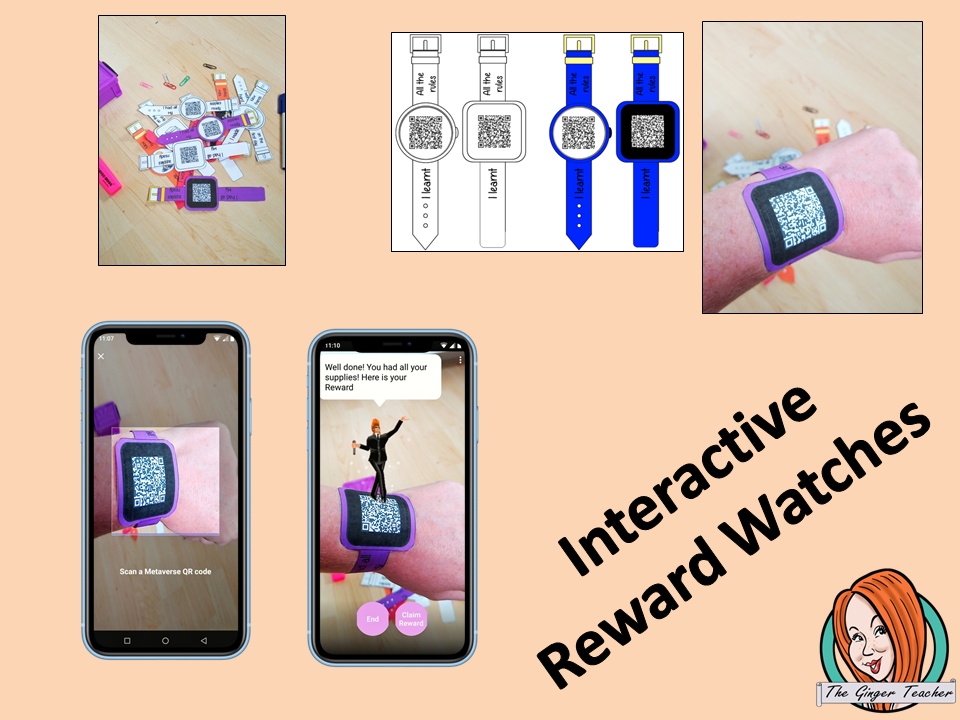 Back to School Reward watches (Brag Tags) download the free Metaverse AR (augmented reality) app Scan the code and a fun character will appear in your classroom to congratulate the kids! Each tag has AR reward that the children collect also the option to take a reward selfie.  I made new friends Welcome back to school I learnt all the rules I worked hard on my first day I told my teacher my news I started with a good attitude #bragtags #rewardtag #awardtags #backtoschool