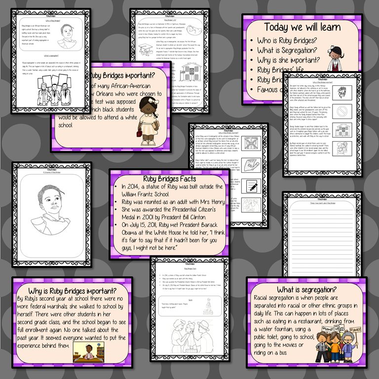 Ruby Bridges PowerPoint and Worksheets Lesson Fun history lesson to teach children about Ruby Bridges. Perfect for Black History Month in your classroom, make teaching about segregation and black history engaging. Great lesson with many facts and activities for your kids to enjoy. #lessonplanning #teaching #resources #historylessons #historyplanning #rubybridges #blackhistory #blackhistorymonth