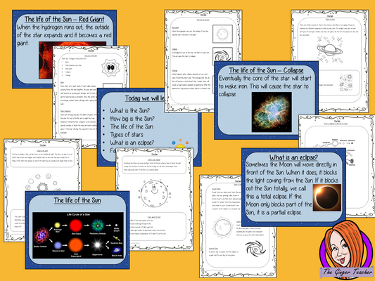The Sun of our Solar System PowerPoint and Worksheets This download teaches children about the Sun in one complete lesson. There is a detailed 24 slide PowerPoint on the size of the Sun, the life of the Sun, different types of stars and understanding an eclipse. There are also differentiated, 8 page, worksheets to allow students to demonstrate their understanding. This pack is great for teaching kids about the Sun of our solar system. #solarsystem #space #science #sciencelesson #thesun