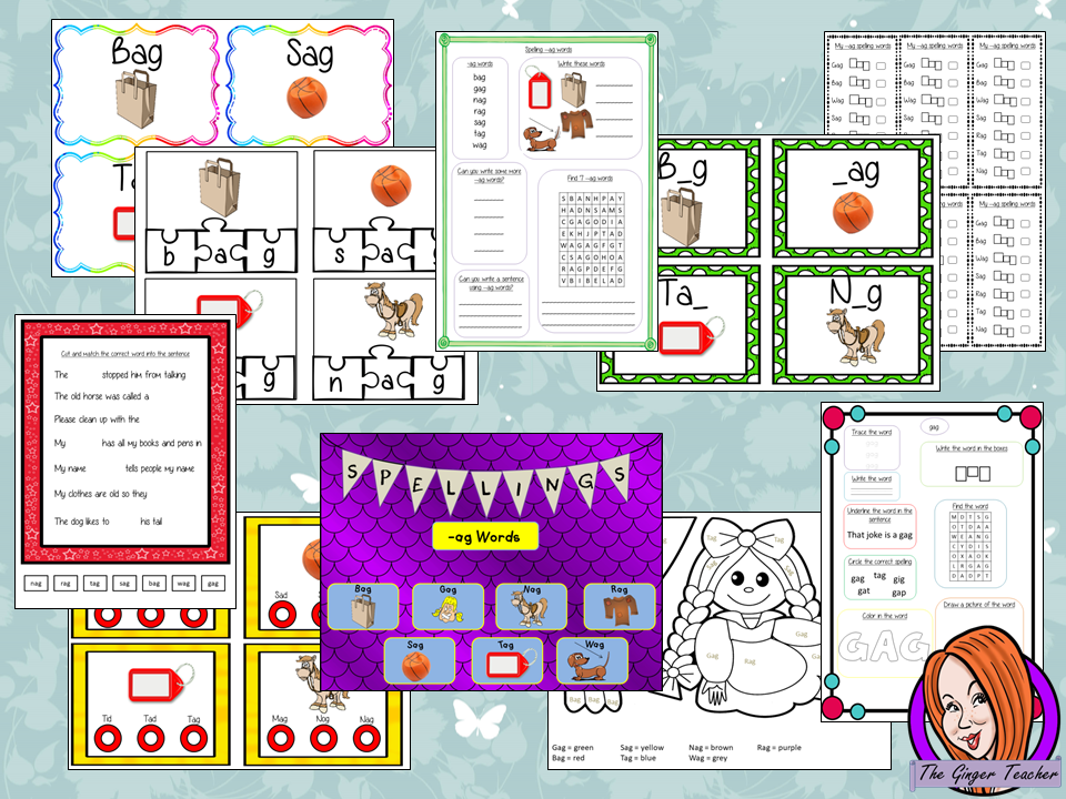 spelling-activities-prek-ag Spelling Activities for –ag words pre-k to 1st  This download includes 36 pages of printable spelling activities for teaching first –ag words . Activities include worksheets, games and display board parts. #phonics #teaching #grammar #spag #spelling #punctuation #lessons #planning #english #prek 