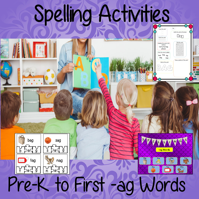 spelling-activities-prek-ag Spelling Activities for –ag words pre-k to 1st  This download includes 36 pages of printable spelling activities for teaching first –ag words . Activities include worksheets, games and display board parts. #phonics #teaching #grammar #spag #spelling #punctuation #lessons #planning #english #prek 