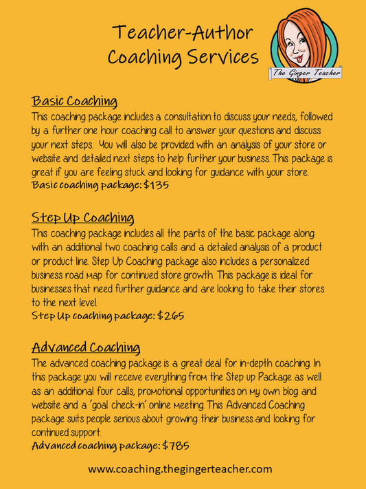 Teacher Author Basic Coaching Package I have been coaching sellers for just over a year and I am now opening up my coaching services to a limited number of new clients for this year. I can advise on: Store and site design, product creation, Selling platforms, social media marketing, blogging, use of email lists, business growth and much more. #teacherauthors #teachingresources #resources #selling #sellingonline #teachers #tpt #teacherspayteachers