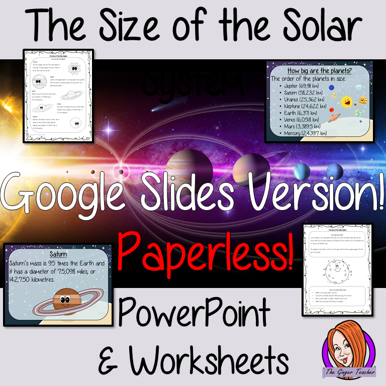 The Size of the Solar System google classroom lesson This download teaches children about the size of the solar system in one complete lesson. There is a detailed 24 slide presentation on the size of the planets, solar system and the moon. There are also differentiated, 7 page, digital worksheets to allow students to demonstrate their understanding. This pack is great for teaching kids about the size of our solar system. #solarsystem #space #science #sciencelesson #googleclassroom